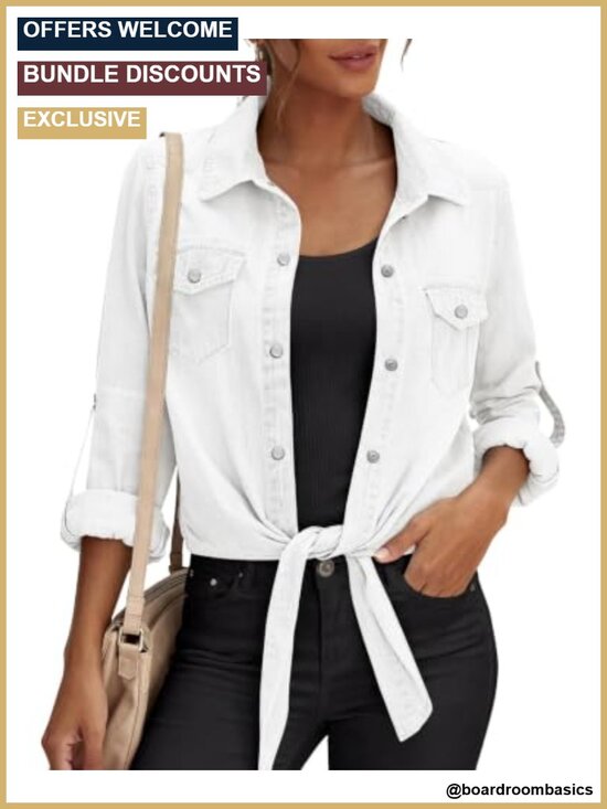 Tops - Womens Denim Button Down Crop Cardigan Rolled Sleeve Tie Front Jean Shirt